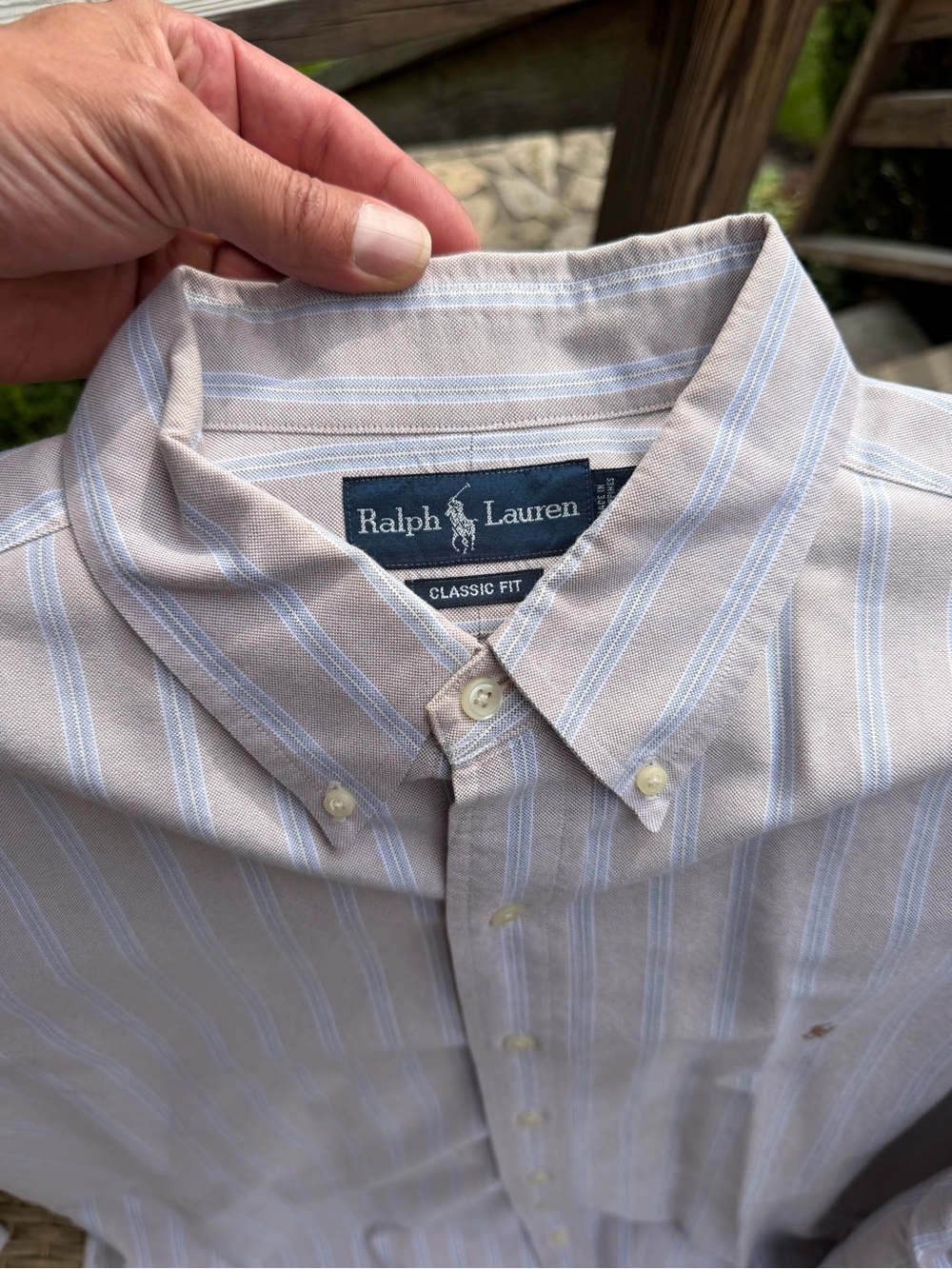 Ralph Lauren Men's Button-Down Shirt in Beige with Light Blue Stripes